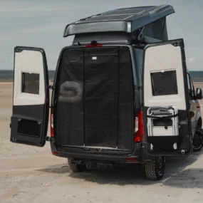 Hymer Grand Canyon S Crossover Campervan - Exterior Rear Open Flyscreen Lifestyle