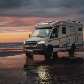 Hymer ML-T Crosstrail Motorhome FO100120 - Exterior Lifestyle Beach Sunset Front Left