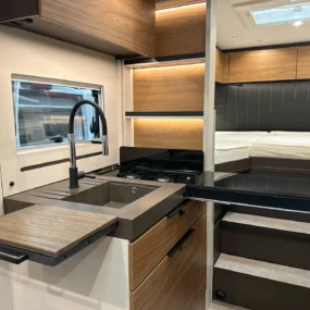 Burstner Signature 7.0 Kitchen Worktop Open & Shelf Extended