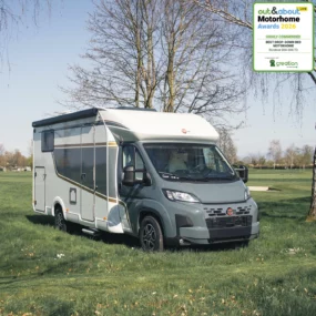 Burstner B66 684 TD Motorhome - Exterior Front Right Pop Top Award Badges