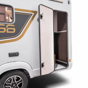 Burstner B66 684 TD Motorhome - Exterior Garage Door Open