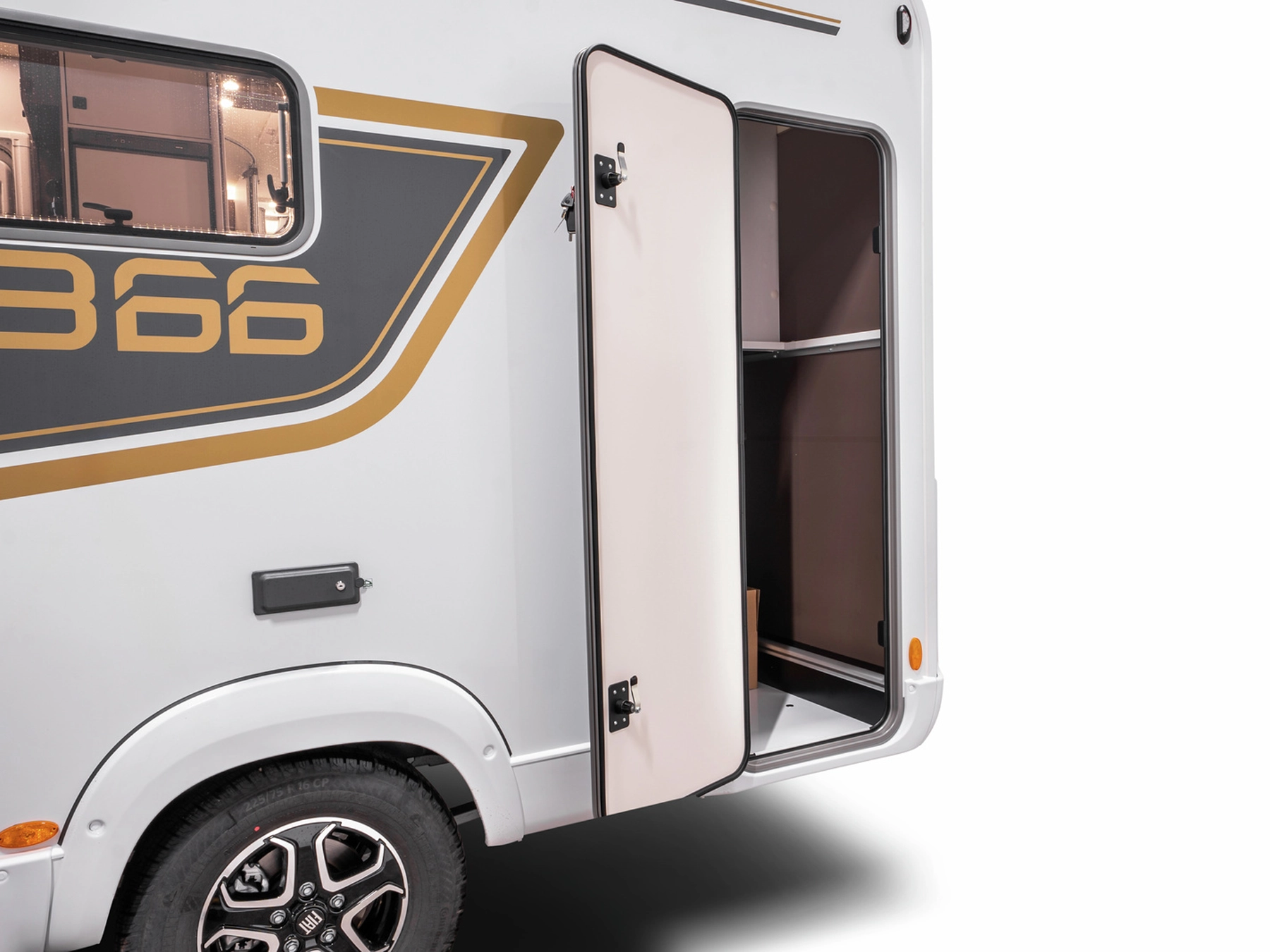 Burstner B66 684 TD Motorhome - Exterior Garage Door Open